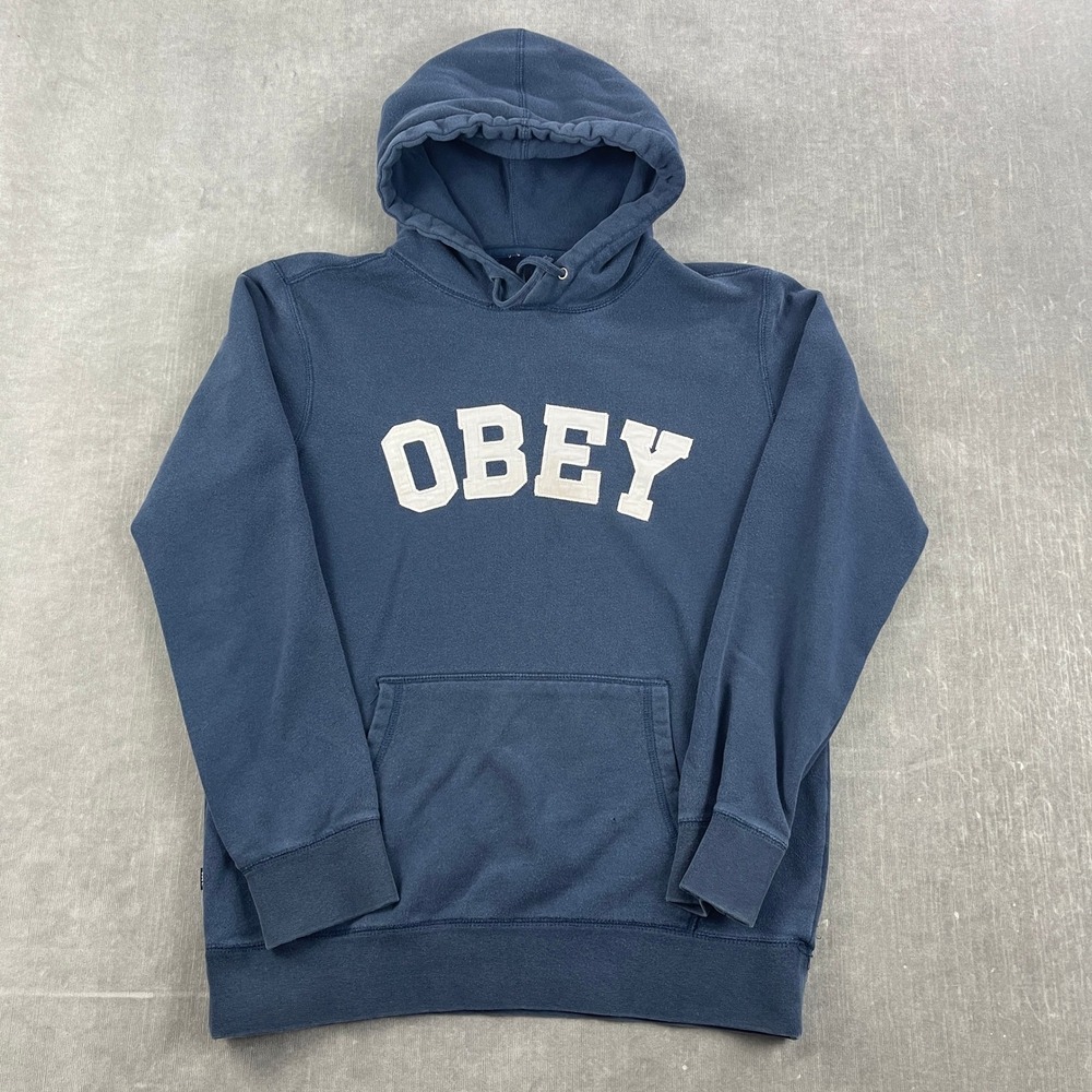 Obey Mens Small Navy‎ Blue Pullover Hoodie Applique Logo Streetwear